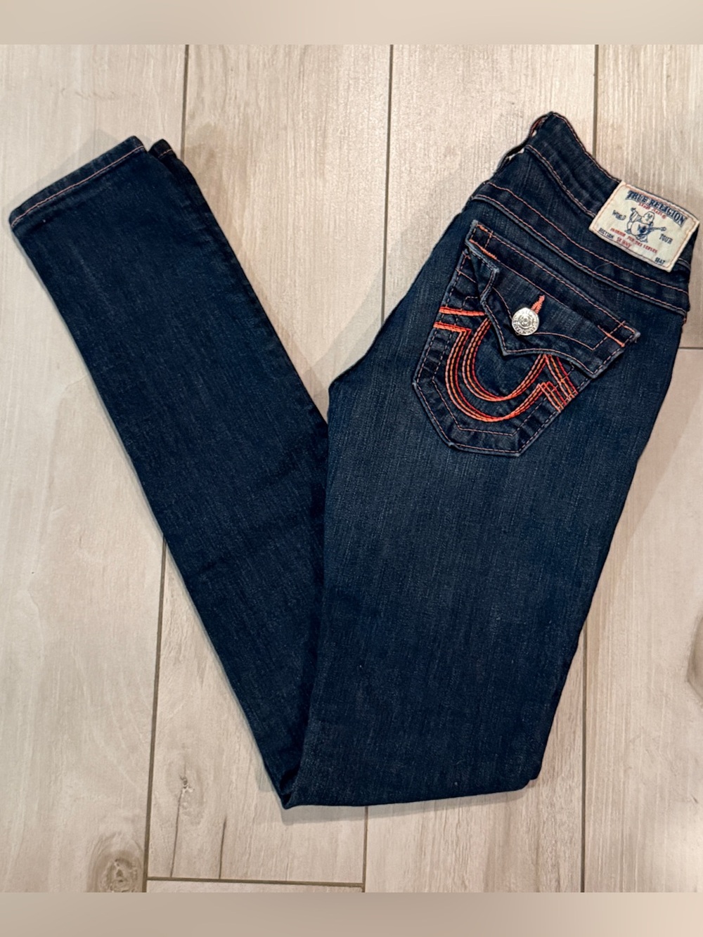 TRUE RELIGION Women’s Dark Wash Skinny Straight Jeans with Pink Accents, Size 25